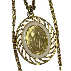 Vintage Necklace Two Layered‎ Chains with Oval Enamel Flower Pendant